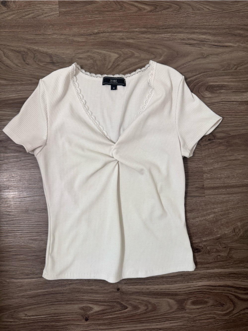 Vibe Ivory Ribbed Twist-Front Short Sleeve Top